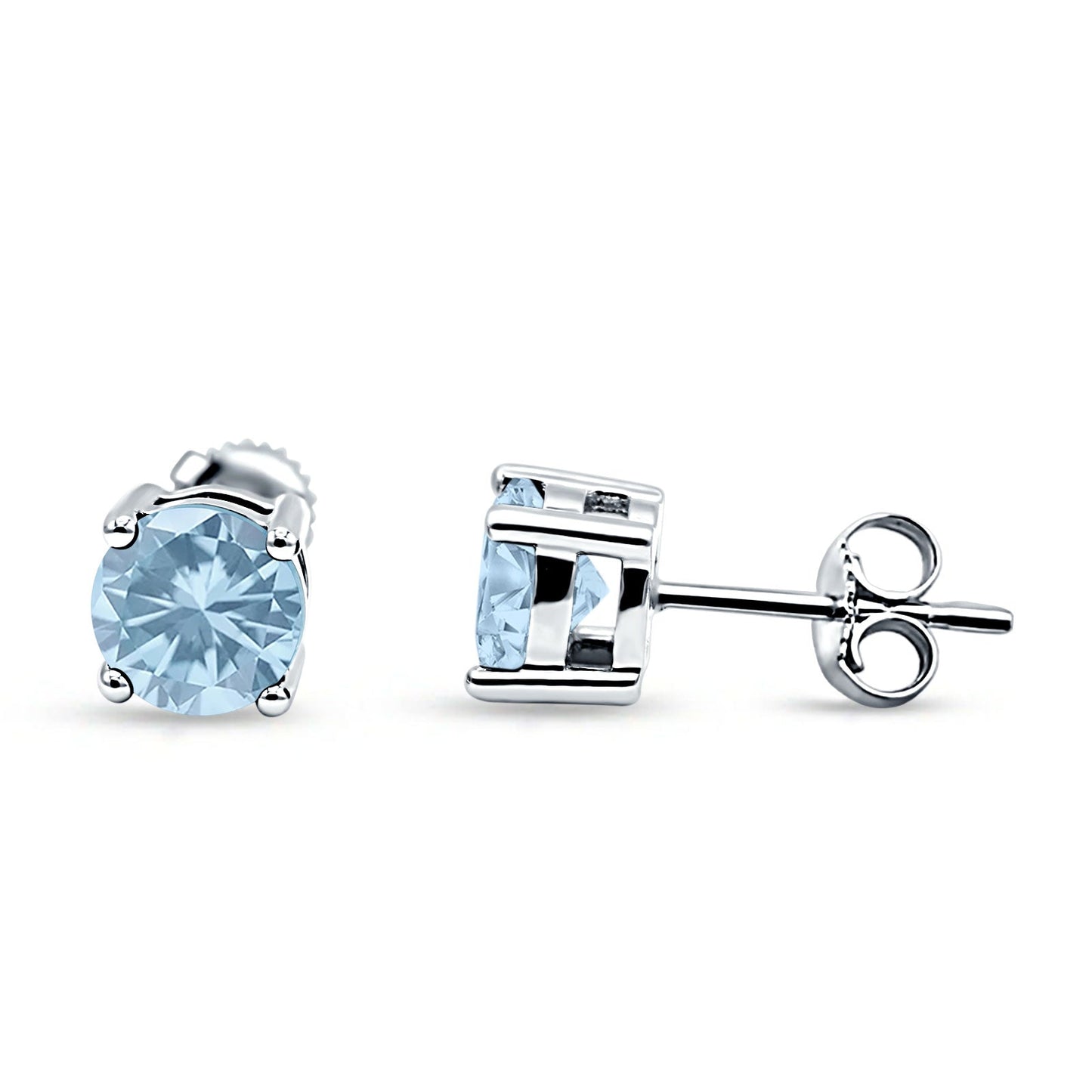 Solitaire Push Back Stud Earring Round Simulated Aquamarine