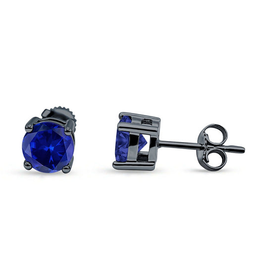 Solitaire Stud Earring Blue Sapphire CZ Black Tone