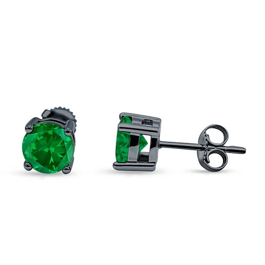 Solitaire Stud Earring Green Emerald CZ Black Tone