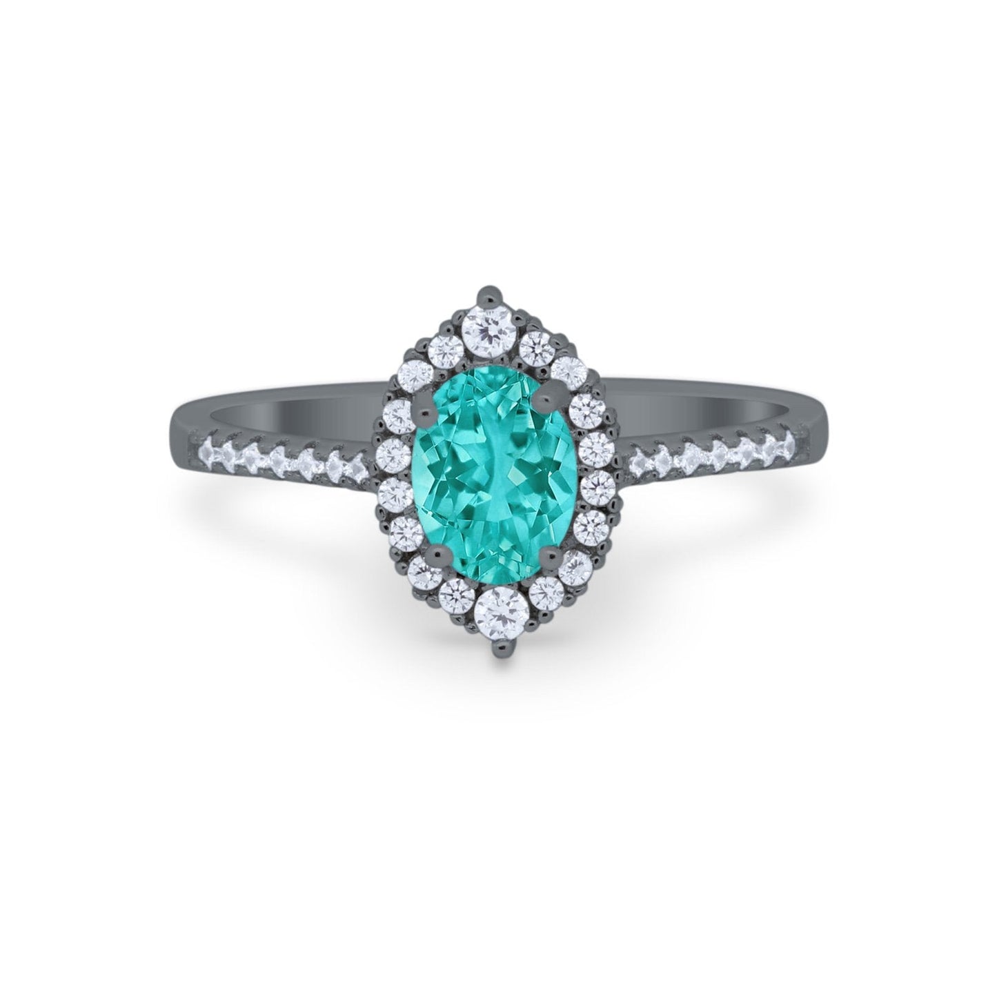 Oval Wedding Ring Halo Vintage Black Tone, Simulated Paraiba Tourmaline CZ