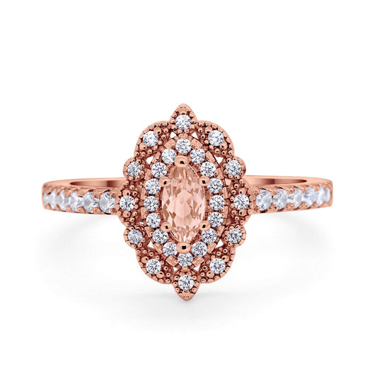 Art Deco Marquise Wedding Ring Rose Tone, Simulated Morganite CZ