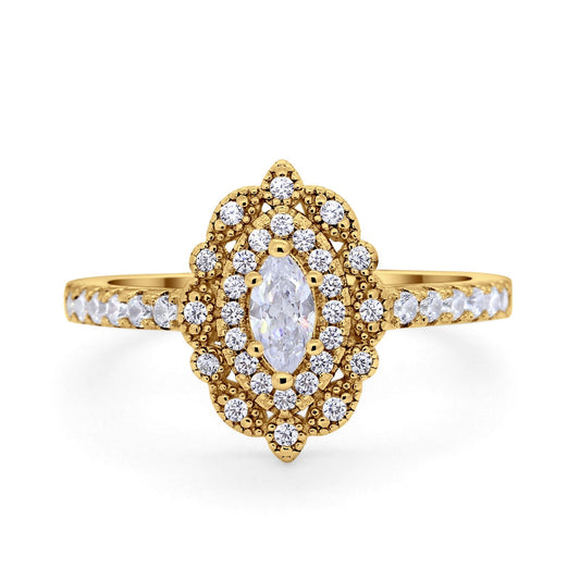 Art Deco Marquise Wedding Ring Yellow Tone, Simulated CZ