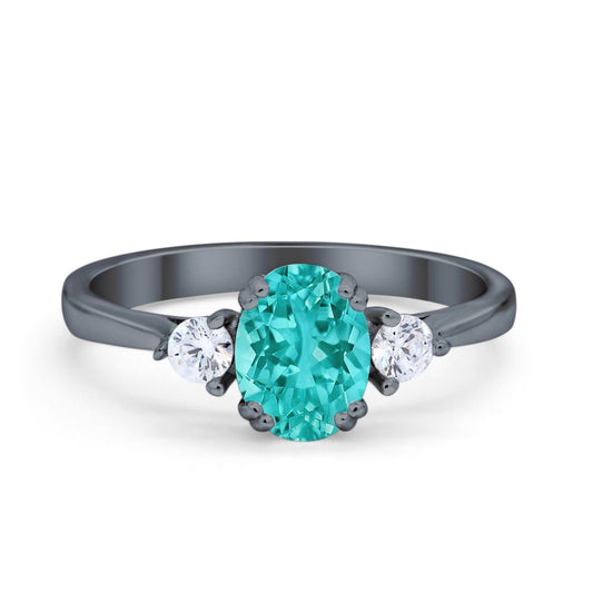 Three Stone Wedding Ring Oval Black Tone, Simulated Paraiba Tourmaline CZ