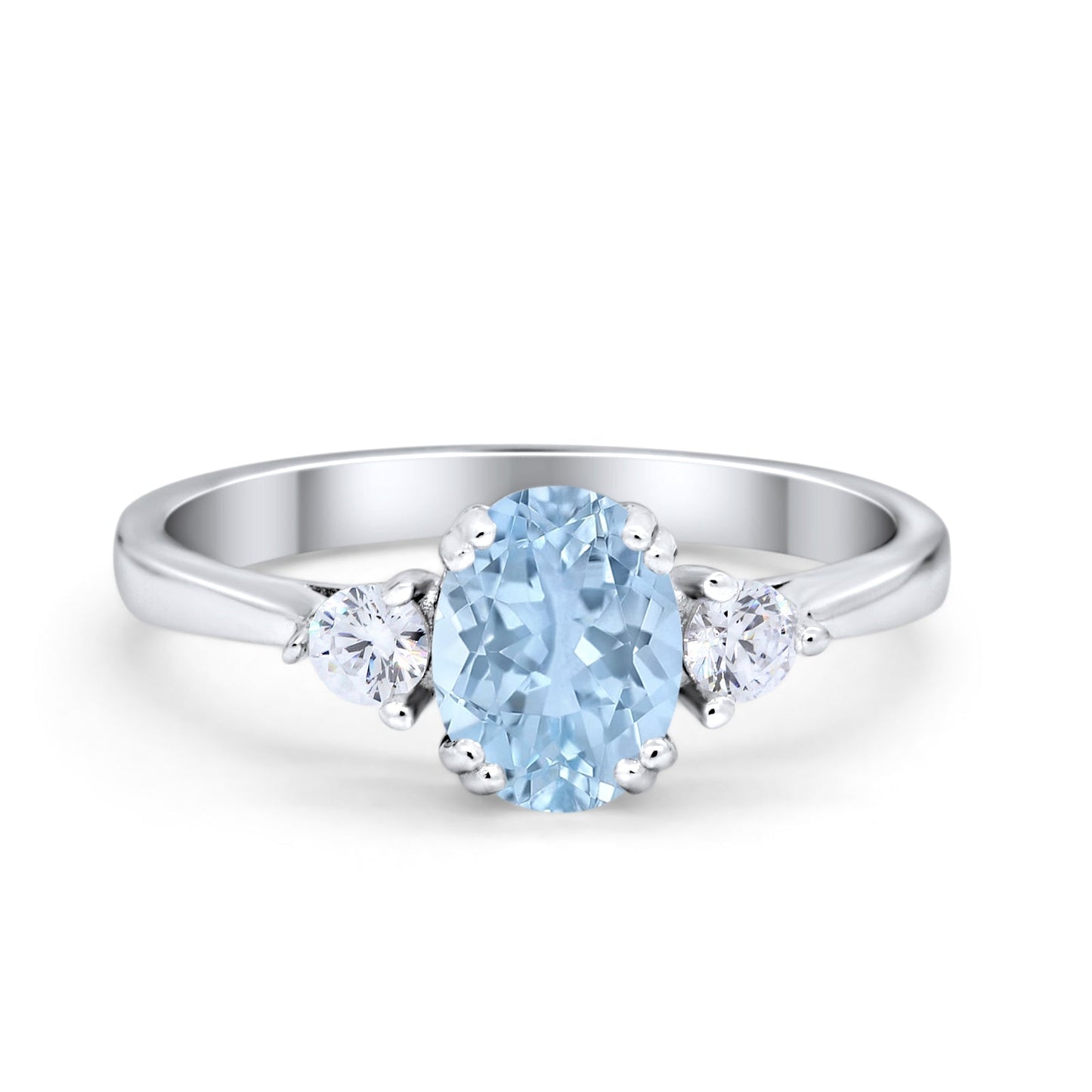 Three Stone Wedding Ring Oval Simulated Aquamarine CZ