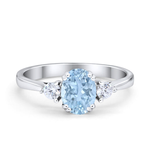 Three Stone Wedding Ring Oval Simulated Aquamarine CZ