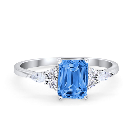 Art Deco Wedding Ring Emerald Cut Simulated Blue Topaz CZ