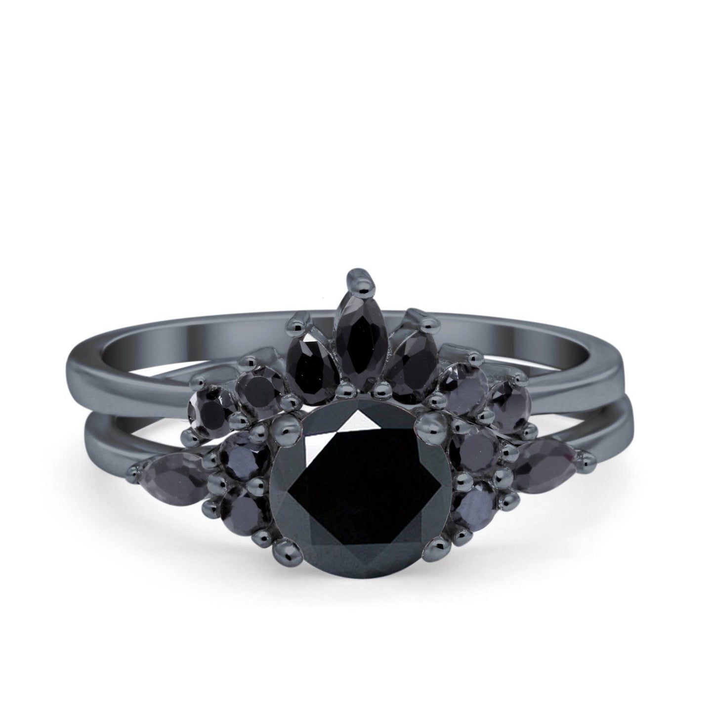 Two Piece Art Deco Wedding Ring Black Marquise Round Black Tone, Simulated Black CZ