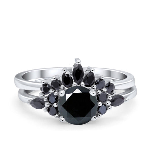 Two Piece Art Deco Wedding Ring Black Marquise Round Simulated Black CZ