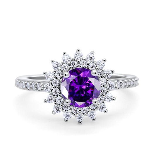 Halo Starburst Flower Wedding Ring Simulated Amethyst CZ