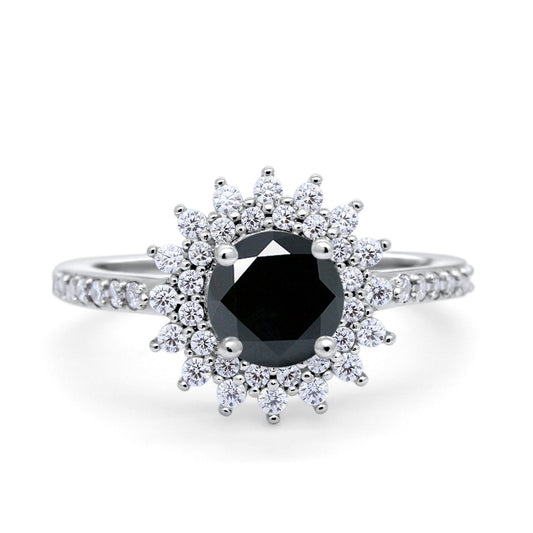 Halo Starburst Flower Wedding Ring Simulated Black CZ