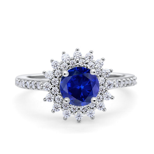 Halo Starburst Flower Wedding Ring Simulated Blue Sapphire CZ