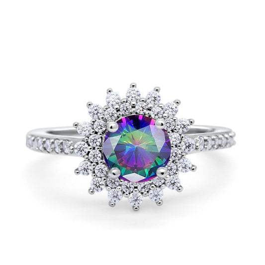 Halo Starburst Flower Wedding Ring Simulated Rainbow CZ