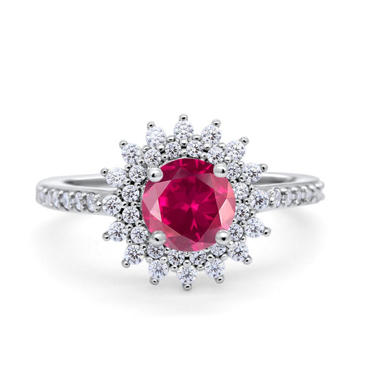 Halo Starburst Flower Wedding Ring Simulated Ruby CZ