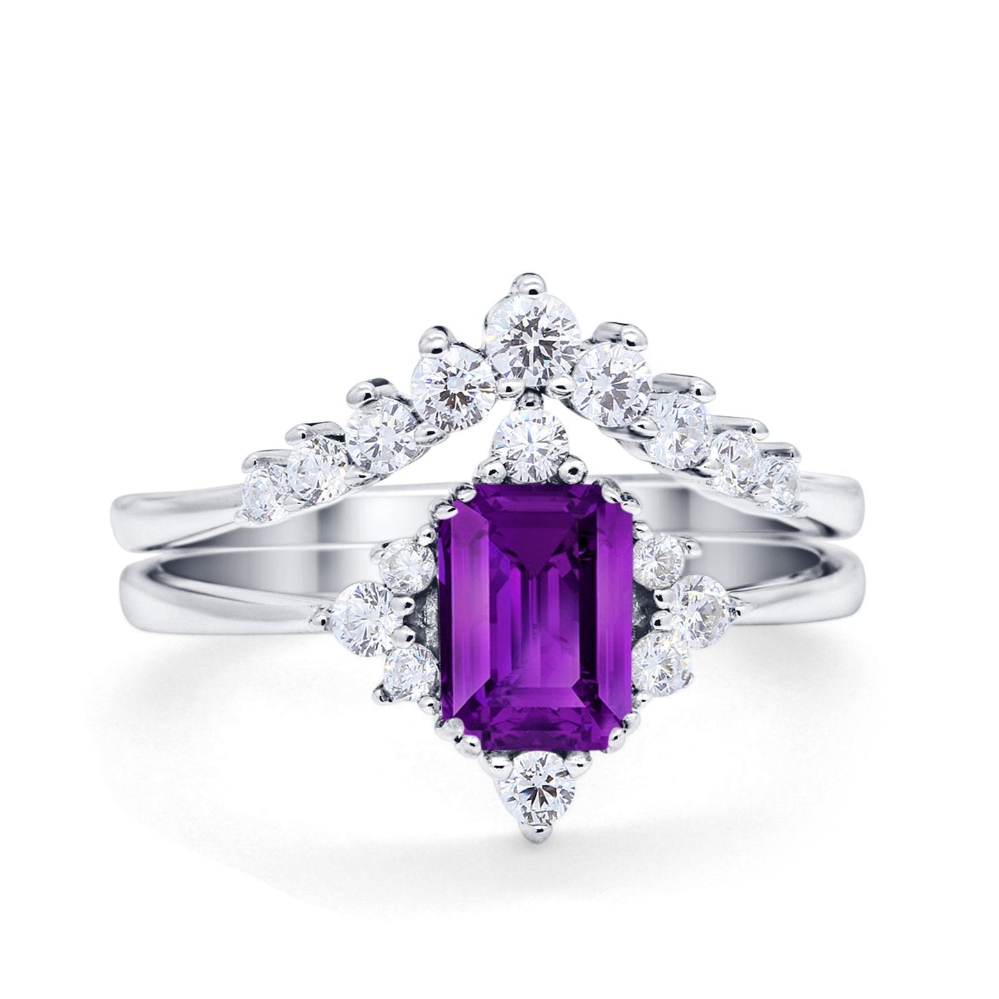 Art Deco Two Piece Wedding Ring Emerald Cut Simulated Amethyst CZ