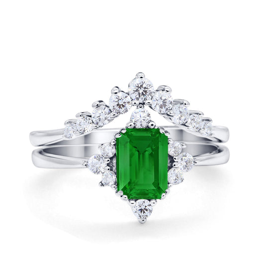 Vintage Two Piece Wedding Ring Simulated Green Emerald CZ