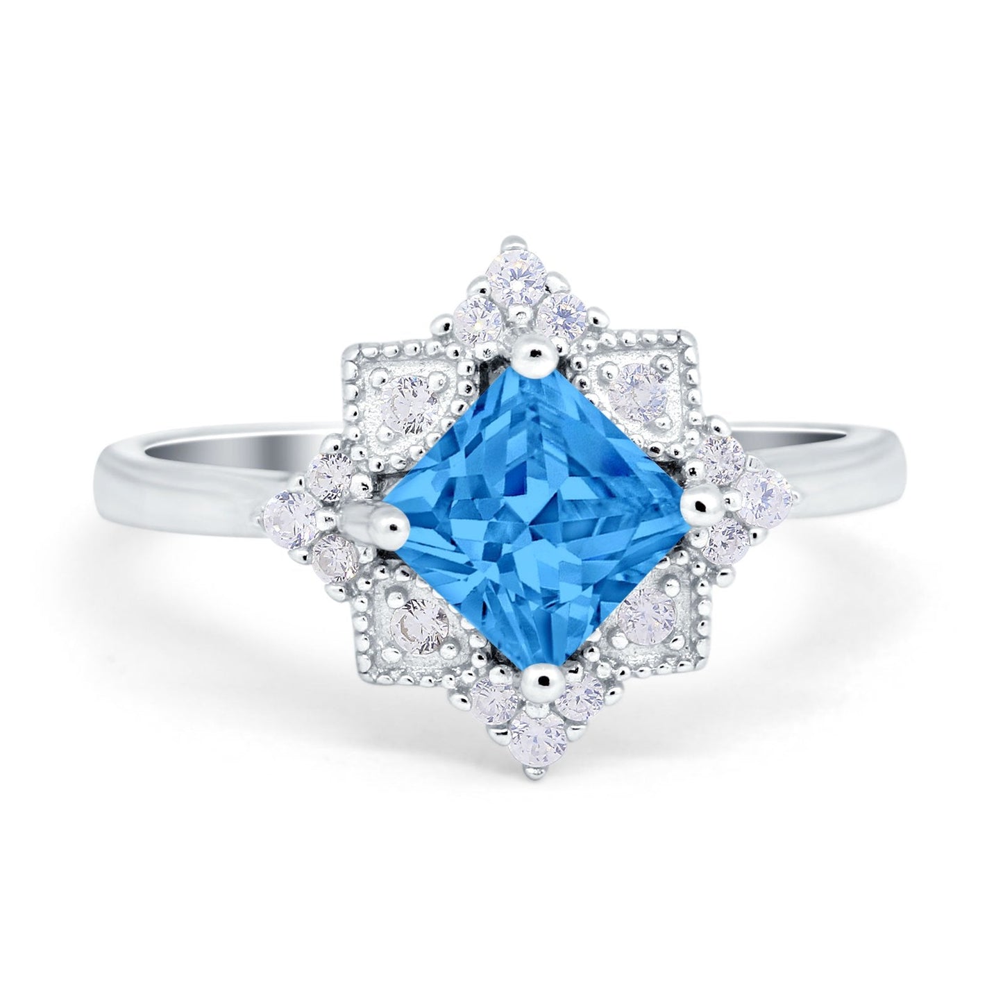 Vintage Princess Cut Wedding Ring Simulated Blue Topaz CZ