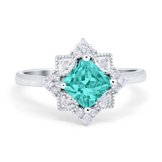 Vintage Princess Cut Wedding Ring Simulated Paraiba Tourmaline CZ