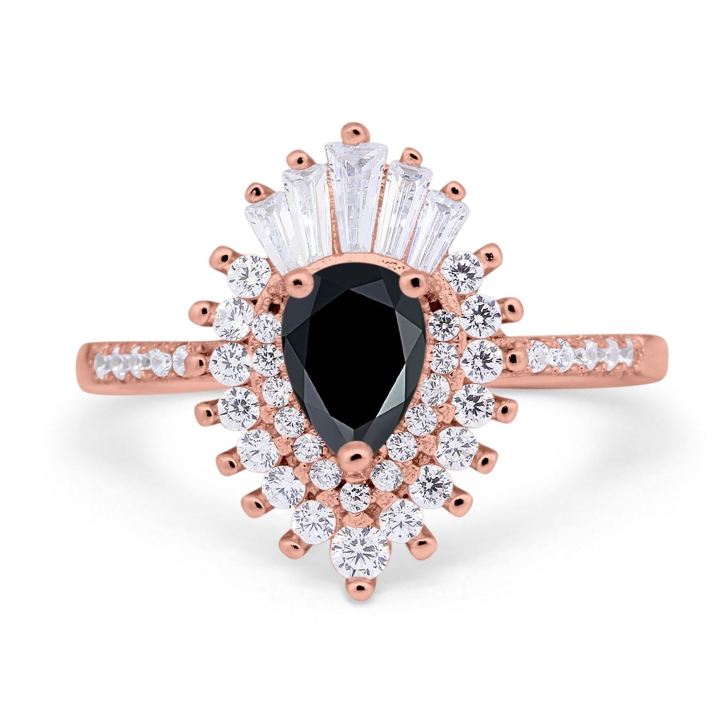 Art Deco Teardrop Pear Wedding Ring Rose Tone, Simulated Black CZ