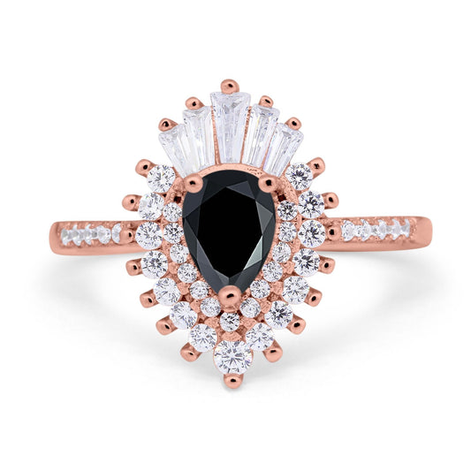 Art Deco Teardrop Pear Wedding Ring Rose Tone, Simulated Black CZ