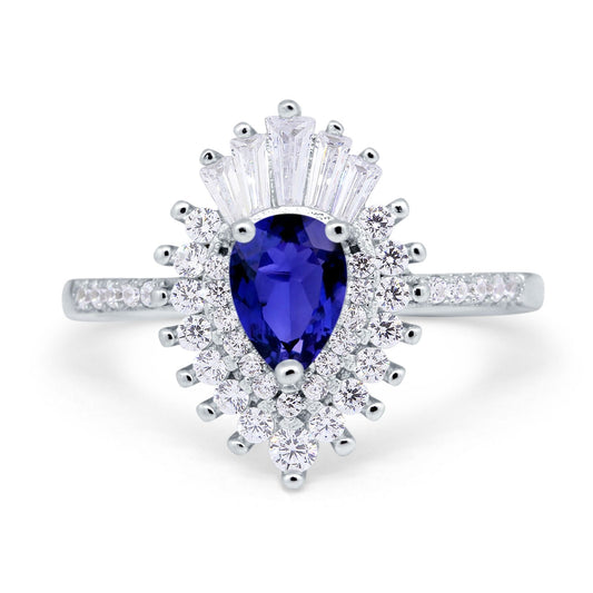 Art Deco Teardrop Pear Wedding Ring Simulated Blue Sapphire CZ