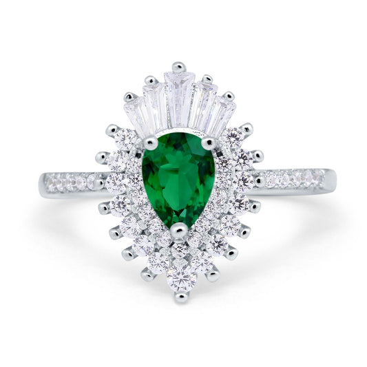 Art Deco Teardrop Pear Wedding Ring Simulated Green Emerald CZ