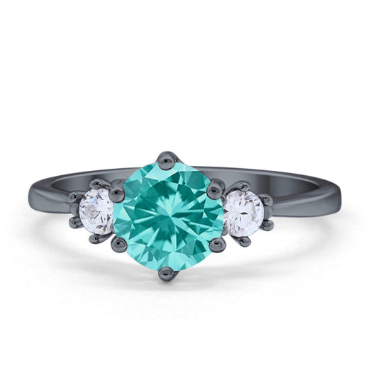 Three Stone Round Black Tone, Simulated Paraiba Tourmaline CZ Wedding Ring