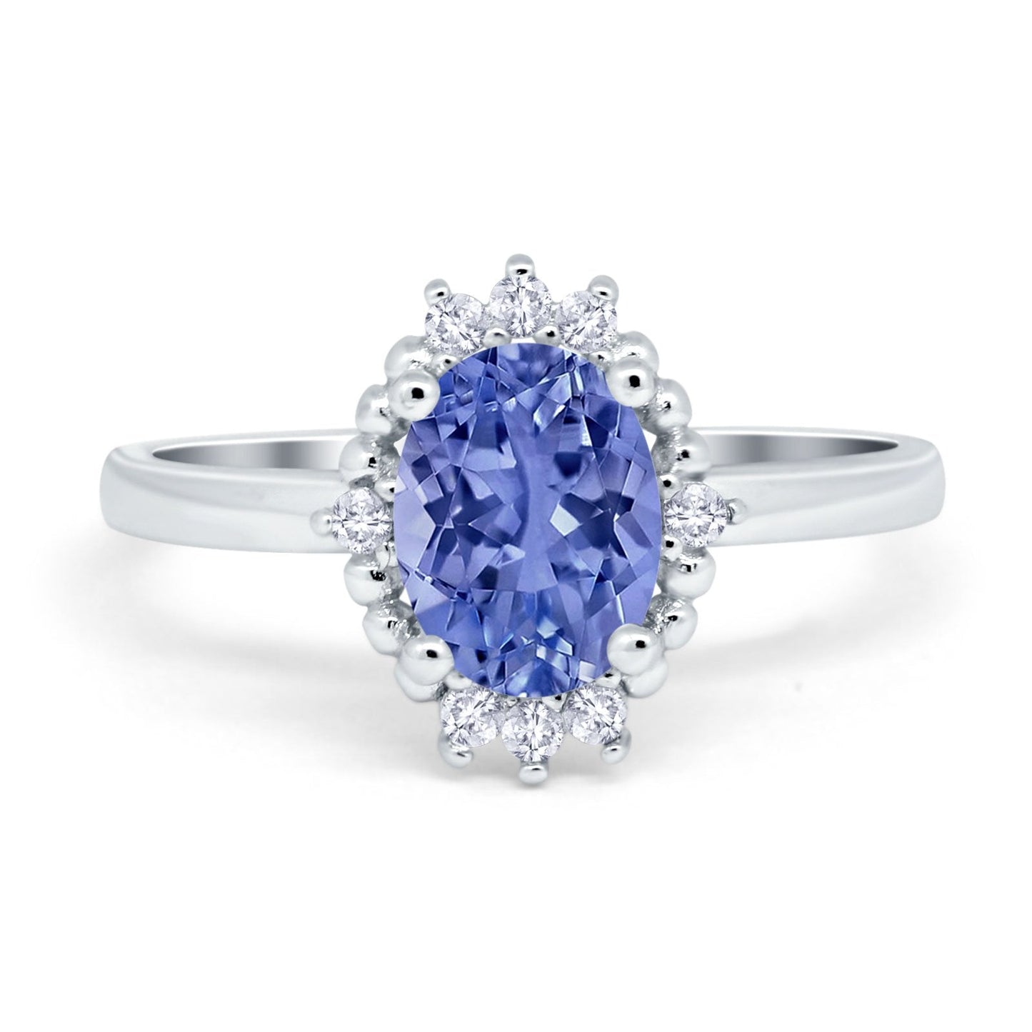 Halo Style Oval Simulated Tanzanite CZ Engagement Ring