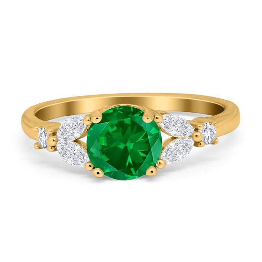 Art Deco Round Yellow Tone, Simulated Green Emerald CZ Engagement Ring