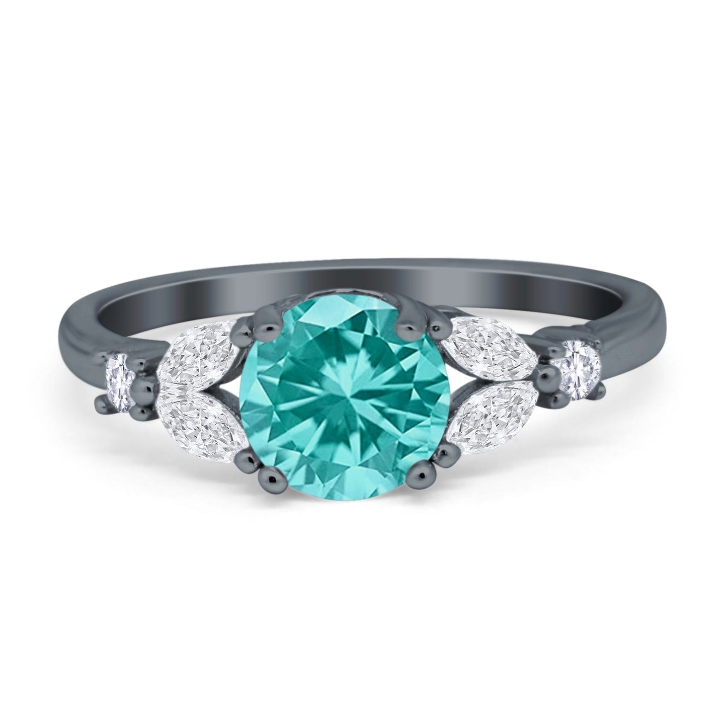 Art Deco Round Paraiba Tourmaline CZ Black Tone Engagement Ring