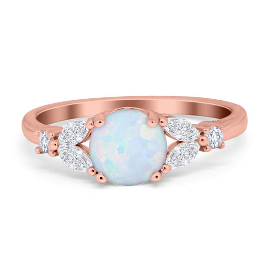 Art Deco Round Rose Tone, Lab Created White Opal Engagement Ring