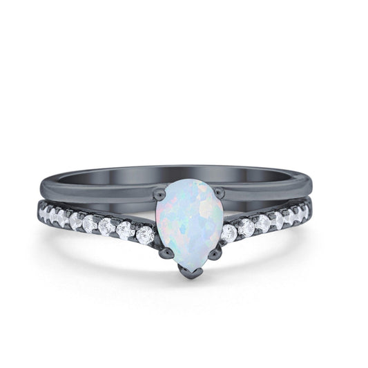 Teardrop Wedding Ring Black Tone, Lab Created White Opal Accent