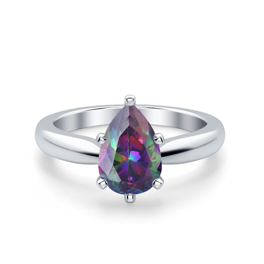 Solitaire Teardrop Simulated Rainbow CZ Wedding Ring Center Stone-(8mmx6mm)