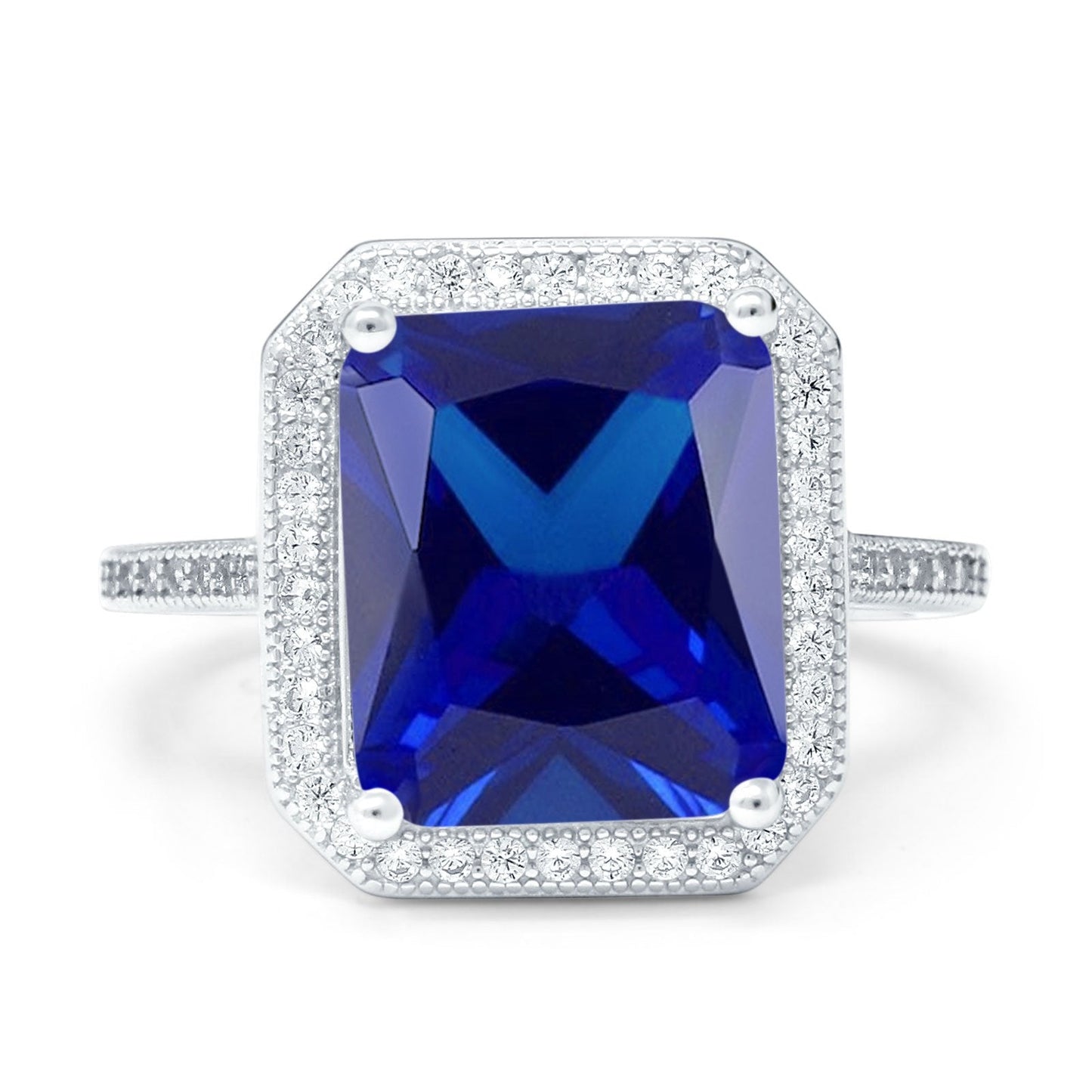 Halo Emerald Cut Engagement Ring Simulated Blue Sapphire CZ