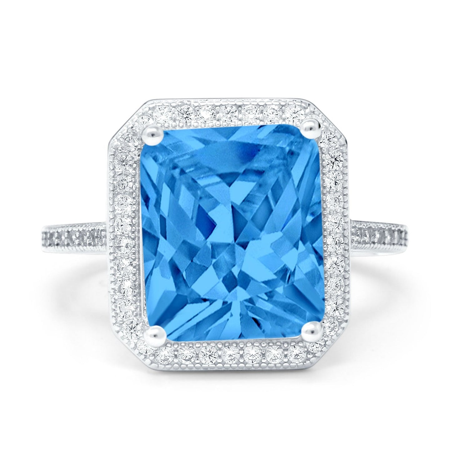 Halo Emerald Cut Engagement Ring Simulated Blue Topaz CZ