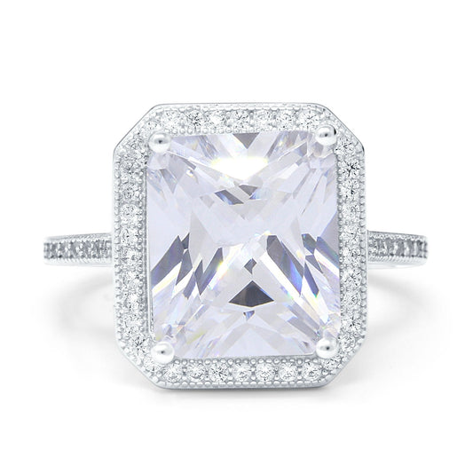 Halo Emerald Cut Engagement Ring Simulated Cubic Zirconia