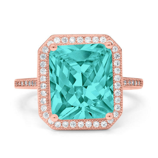 Halo Emerald Cut Rose Tone, Simulated Paraiba Tourmaline CZ Engagement Ring