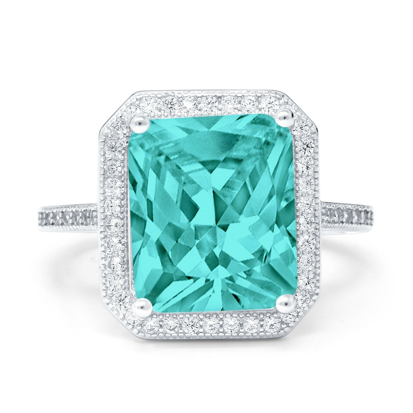 Halo Emerald Cut Engagement Ring Simulated Paraiba Tourmaline CZ