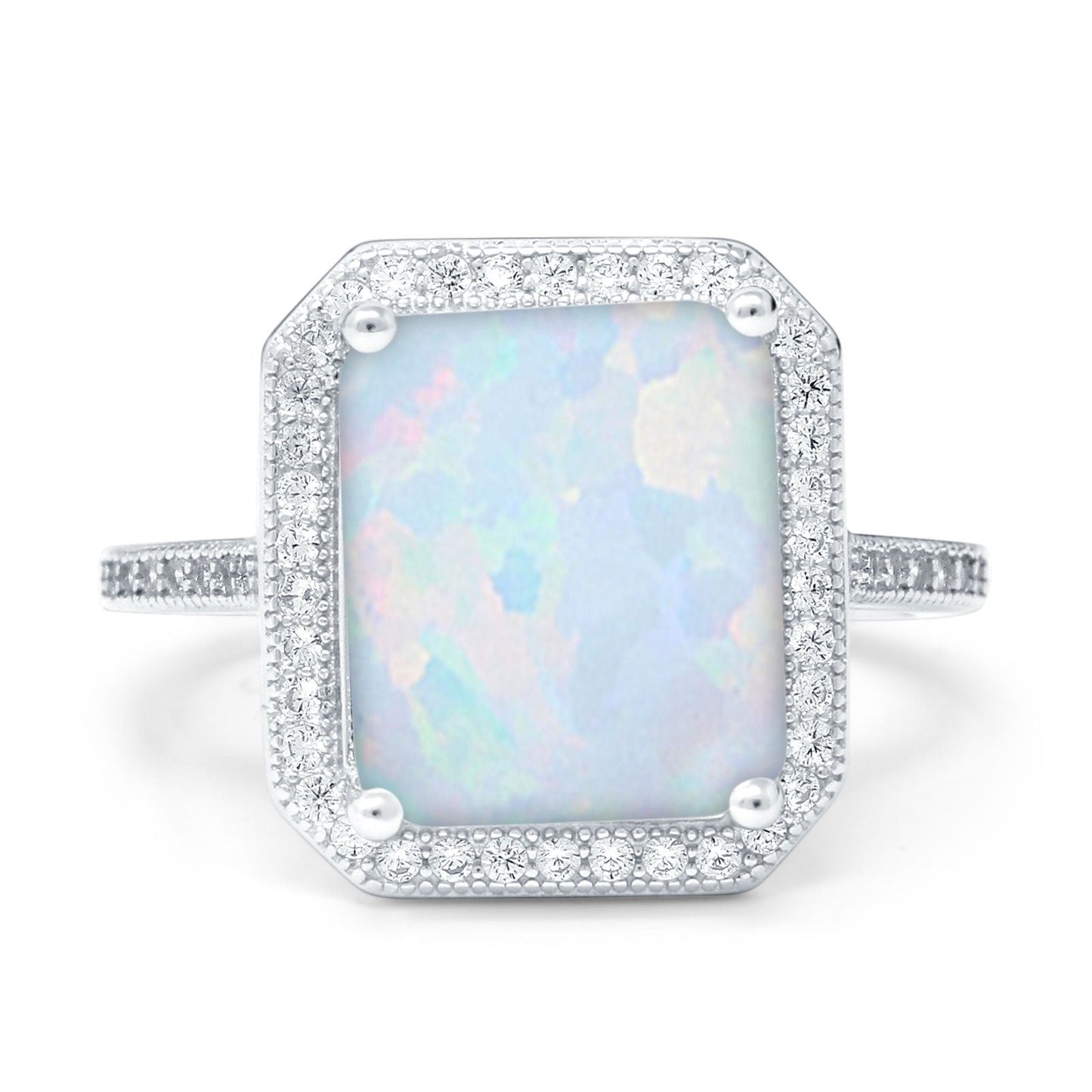 Halo Emerald Cut Engagement Ring Lab Created White Opal