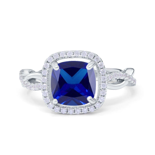 Infinity Shank Cushion Engagement Ring Simulated Blue Sapphire CZ