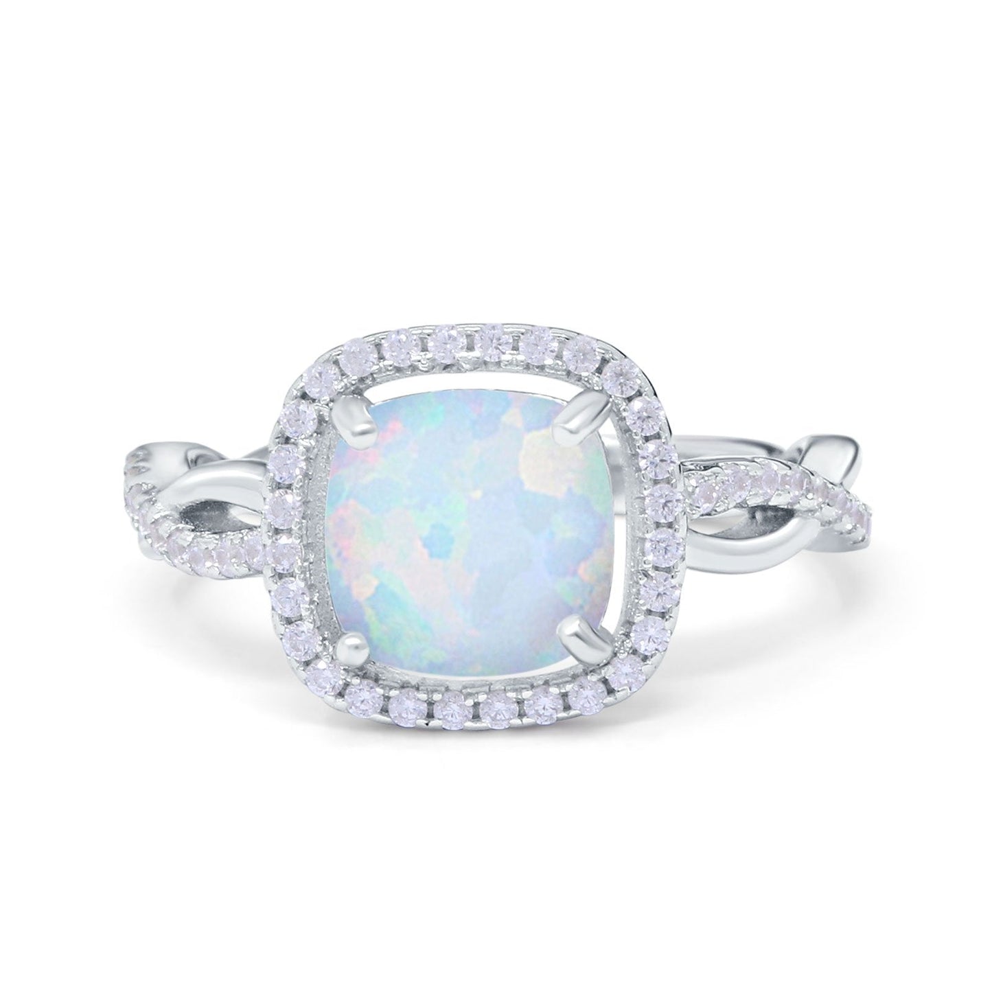 Infinity Shank Cushion Engagement Ring Lab Created White Opal