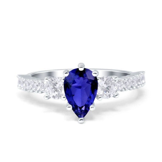 Teardrop Pear Art Deco Three Stone Accent Round Simulated Blue Sapphire CZ Engagement Ring