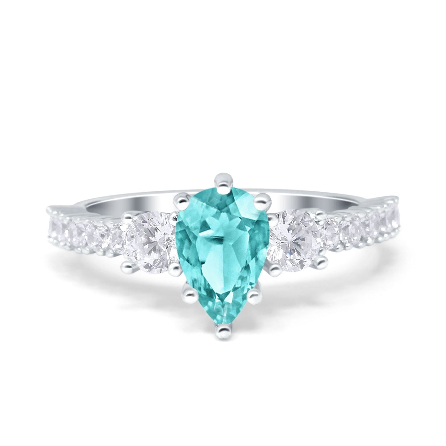 Teardrop Pear Art Deco Three Stone Accent Round Simulated Paraiba Tourmaline CZ Engagement Ring