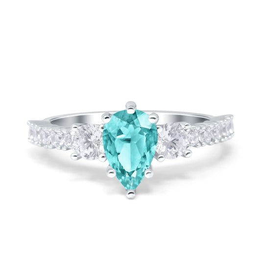 Teardrop Pear Art Deco Three Stone Accent Round Simulated Paraiba Tourmaline CZ Engagement Ring