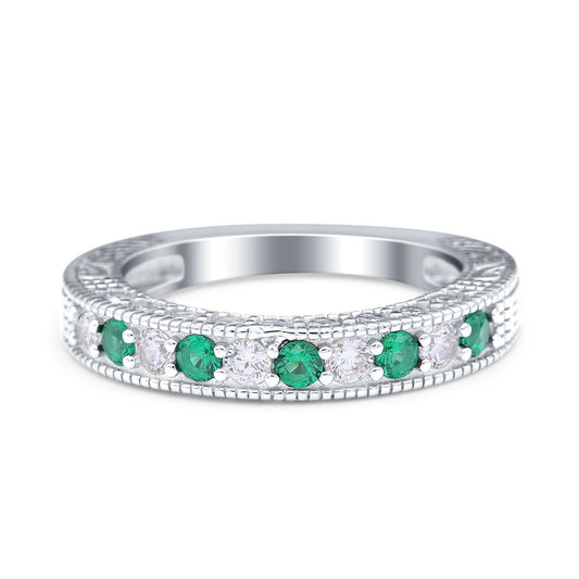 Art Deco Eternity Stackable Band Wedding Ring Simulated Green Emerald CZ