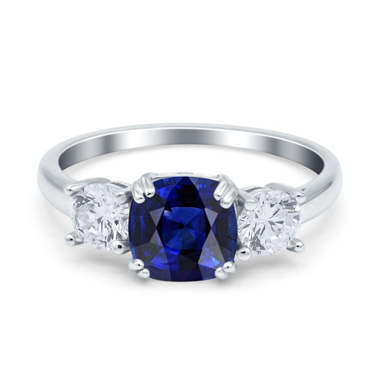 Cushion Three Stone Engagement Ring Simulated Blue Sapphire CZ