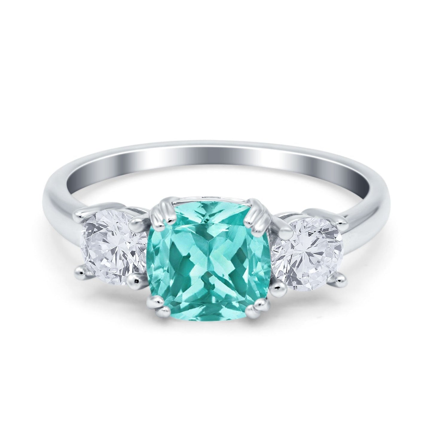 Cushion Three Stone Engagement Ring Simulated Paraiba Tourmaline CZ