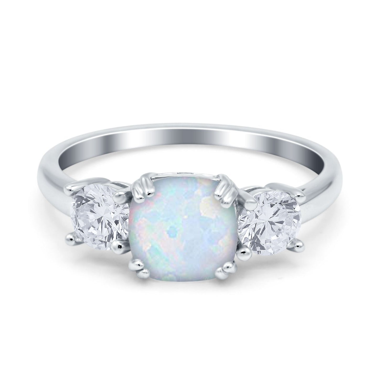 Cushion Three Stone Engagement Ring Lab Created White Opal