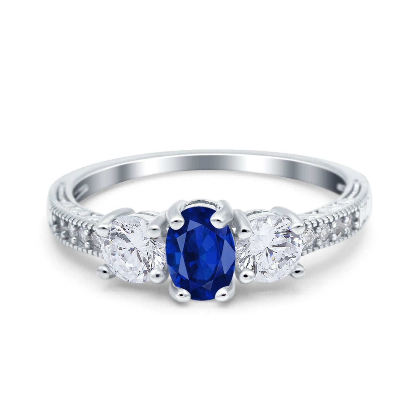 Three Stone Oval Engagement Ring Simulated Blue Sapphire CZ