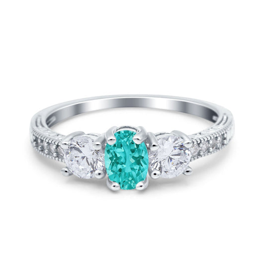 Three Stone Oval Engagement Ring Simulated Paraiba Tourmaline CZ