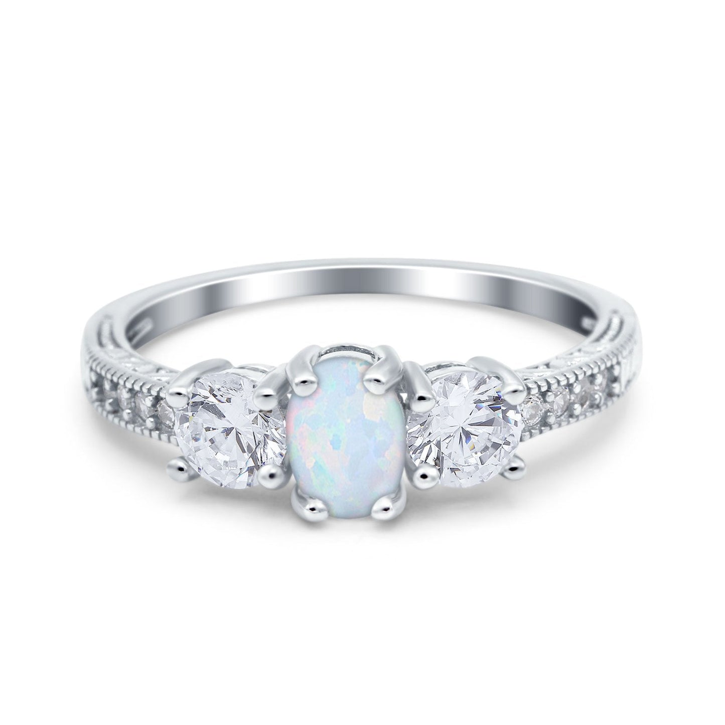 Three Stone Oval Engagement Ring Lab Created White Opal